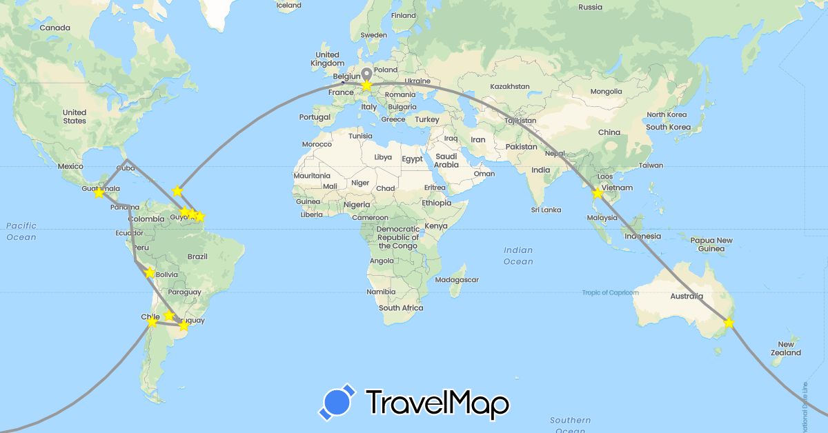 TravelMap itinerary: driving, plane in Argentina, Australia, Chile, Costa Rica, Germany, France, Guatemala, Guyana, Panama, Peru, Suriname, Thailand, United States (Asia, Europe, North America, Oceania, South America)