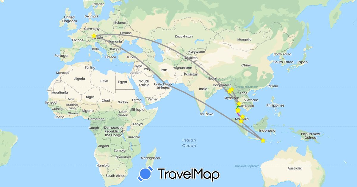 TravelMap itinerary: driving, bus, plane, train, boat in United Arab Emirates, Germany, Indonesia, Myanmar (Burma), Malaysia, Thailand (Asia, Europe)