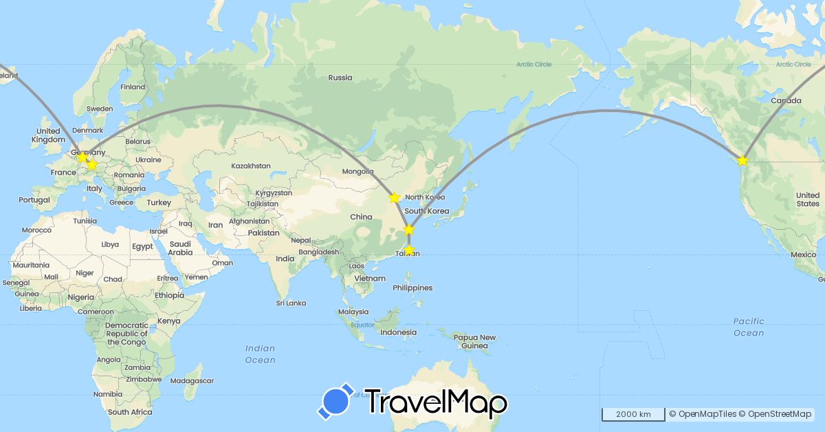 TravelMap itinerary: driving, plane in Canada, China, Germany, Taiwan (Asia, Europe, North America)