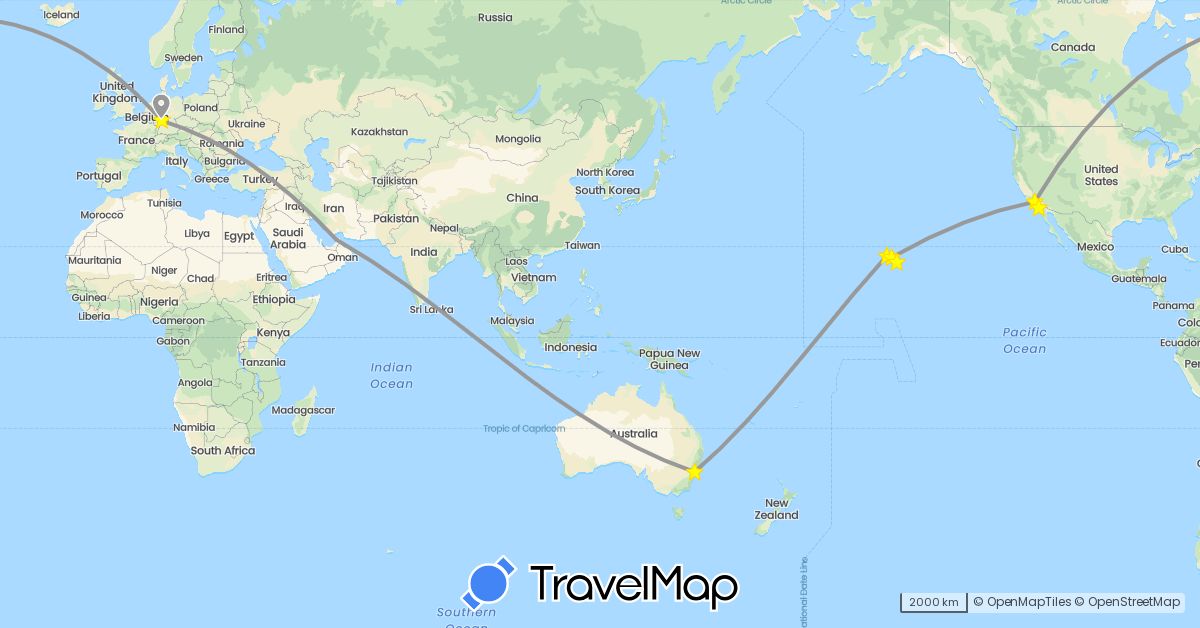 TravelMap itinerary: driving, plane in United Arab Emirates, Australia, Germany, United States (Asia, Europe, North America, Oceania)