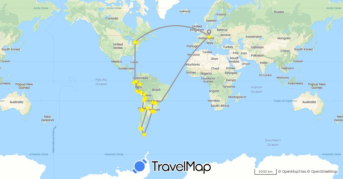 TravelMap itinerary: driving, bus, plane, boat in Argentina, Bolivia, Brazil, Canada, Chile, Germany, Ecuador, Panama, Peru, Paraguay, Uruguay (Europe, North America, South America)