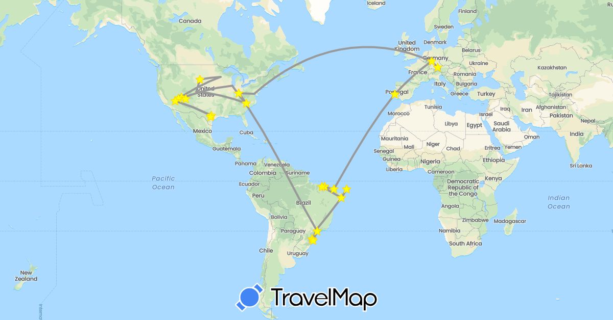 TravelMap itinerary: driving, plane in Brazil, Germany, Portugal, United States (Europe, North America, South America)