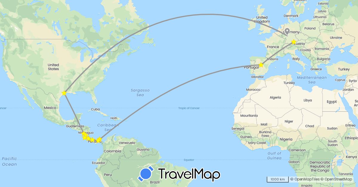 TravelMap itinerary: driving, bus, plane, boat in Costa Rica, Germany, Spain, Nicaragua, Panama, United States (Europe, North America)