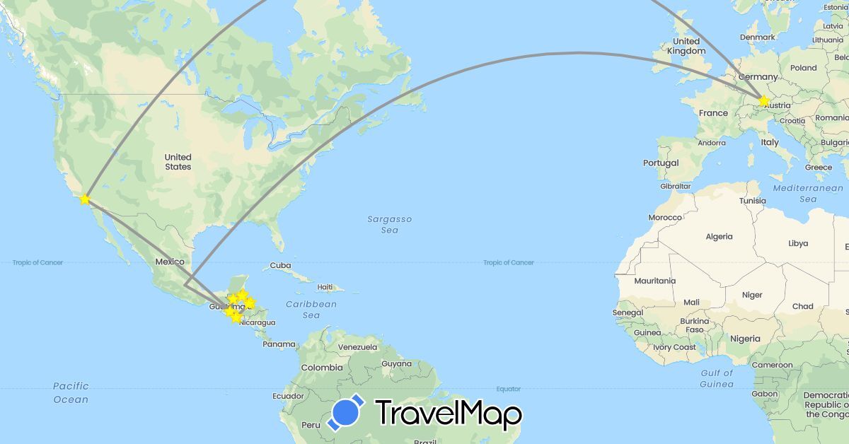 TravelMap itinerary: driving, plane, boat in Belize, Germany, Guatemala, Honduras, Mexico, El Salvador, United States (Europe, North America)